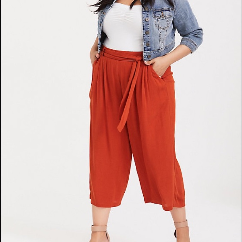 TORRID BURNT ORNAGE GAUZE TIE FRONT WIDE LEG PANT